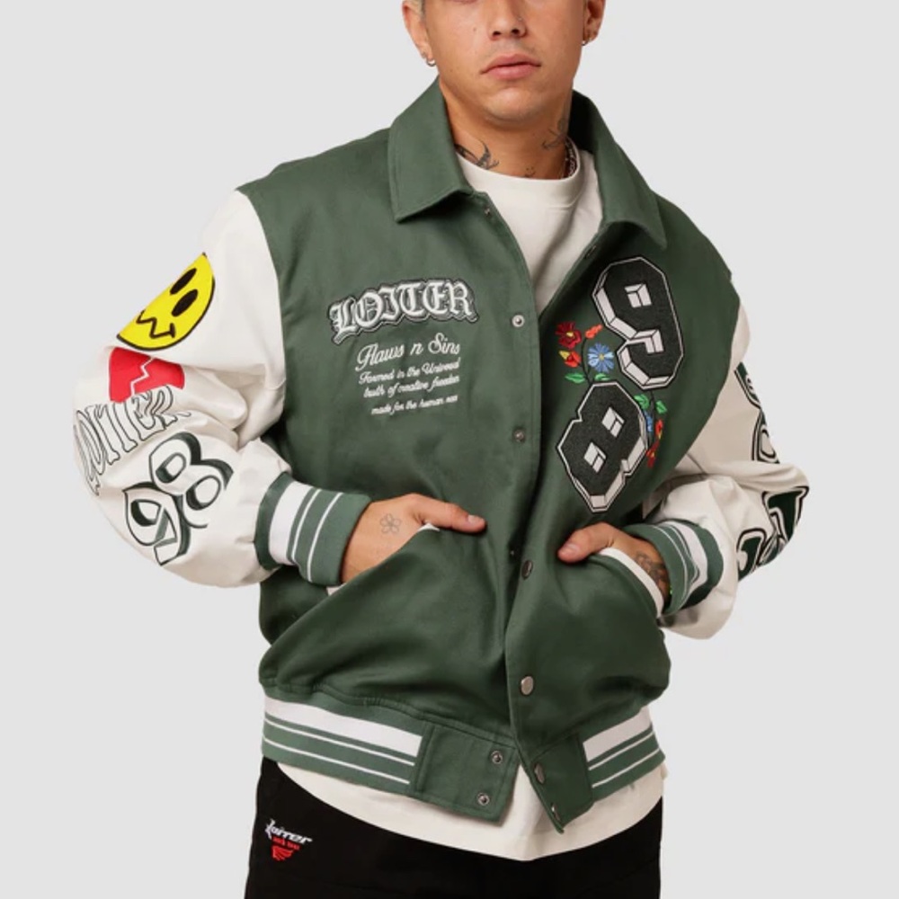 LOITER Flaws And Sins Varsity Logo Jacket size Medium Green Off White $229 - Picture 2 of 16